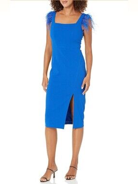 Adrianna Papell Royal Blue Midi Dress with Feathered Shoulders